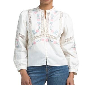 NEW 🌸 CAROLINE CONSTAS Embroidered With Lace White Long Sleeve top blouse